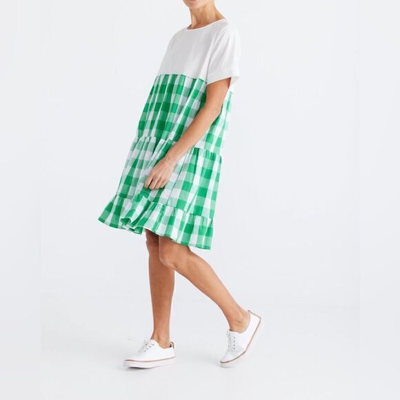 Brave + True Clementine Dress - White + Apple Check - Picture 1 of 6